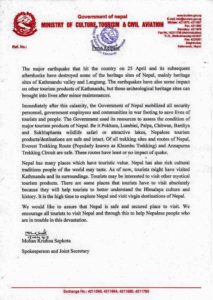 Request after Earthquake 2015 from Nepalese Tourism Board