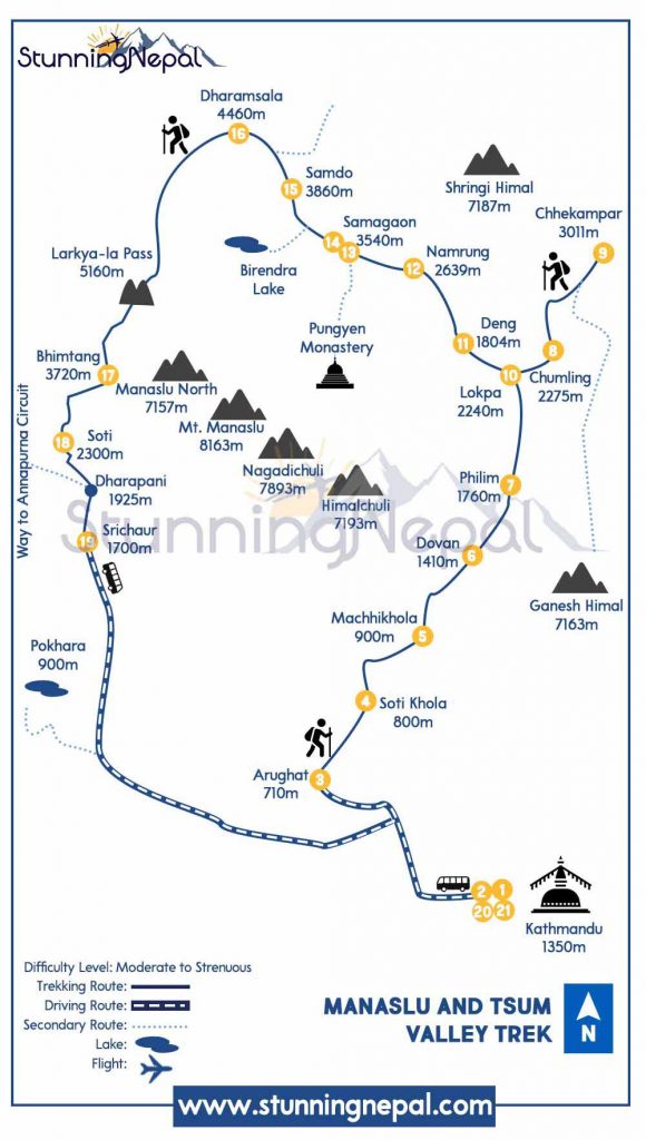 Manaslu and Tsum Valley Trekking Route Map