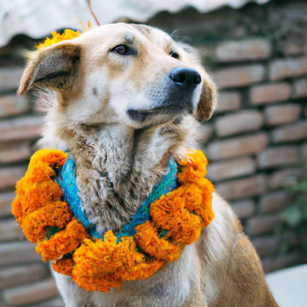 Dog wearing calendula garlands during Tihar Festival